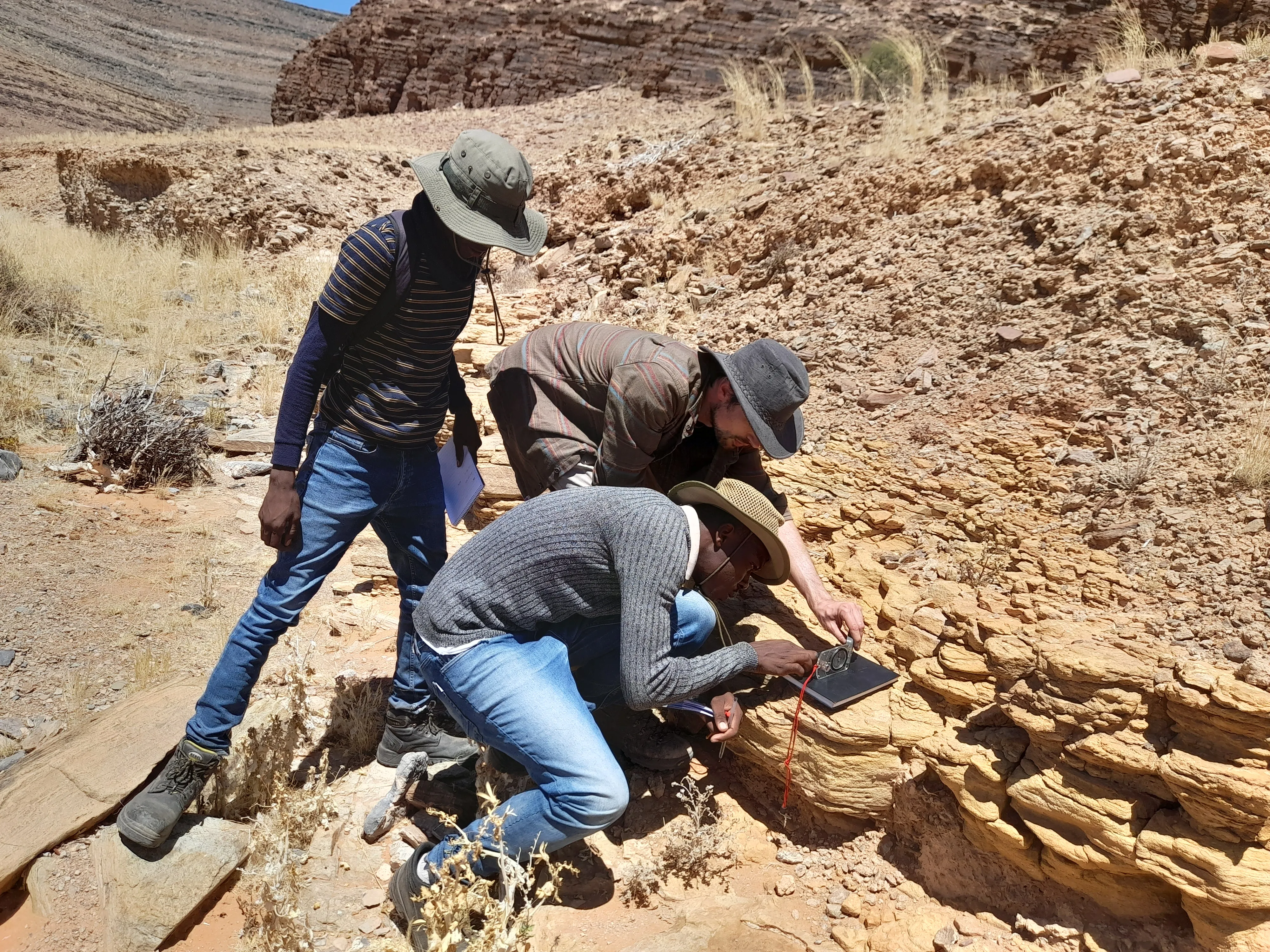 Three scientists examine fossil remains on rocky ground in Namibia.