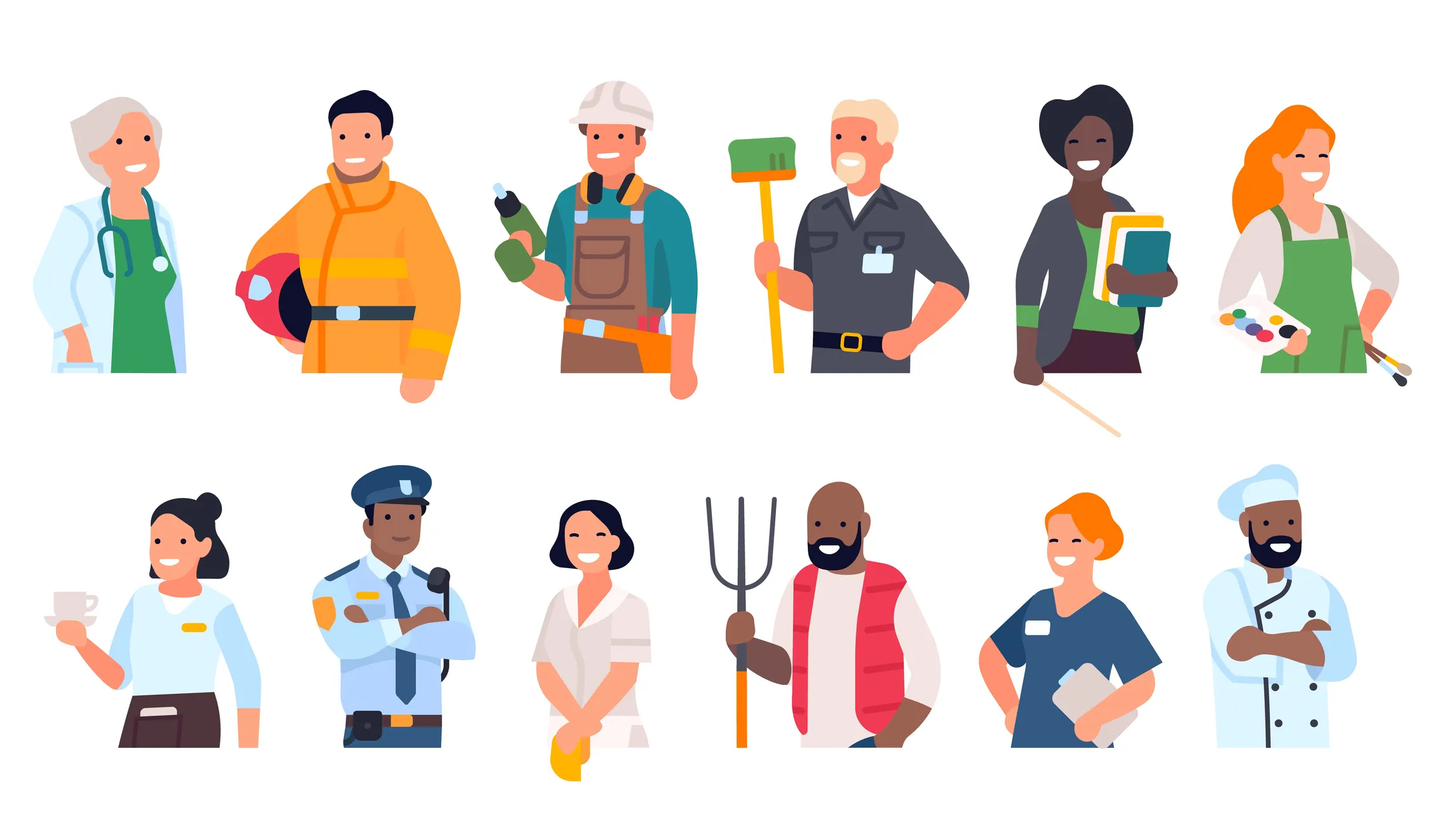 12 illustrations of different jobs with varied ethnicity and gender