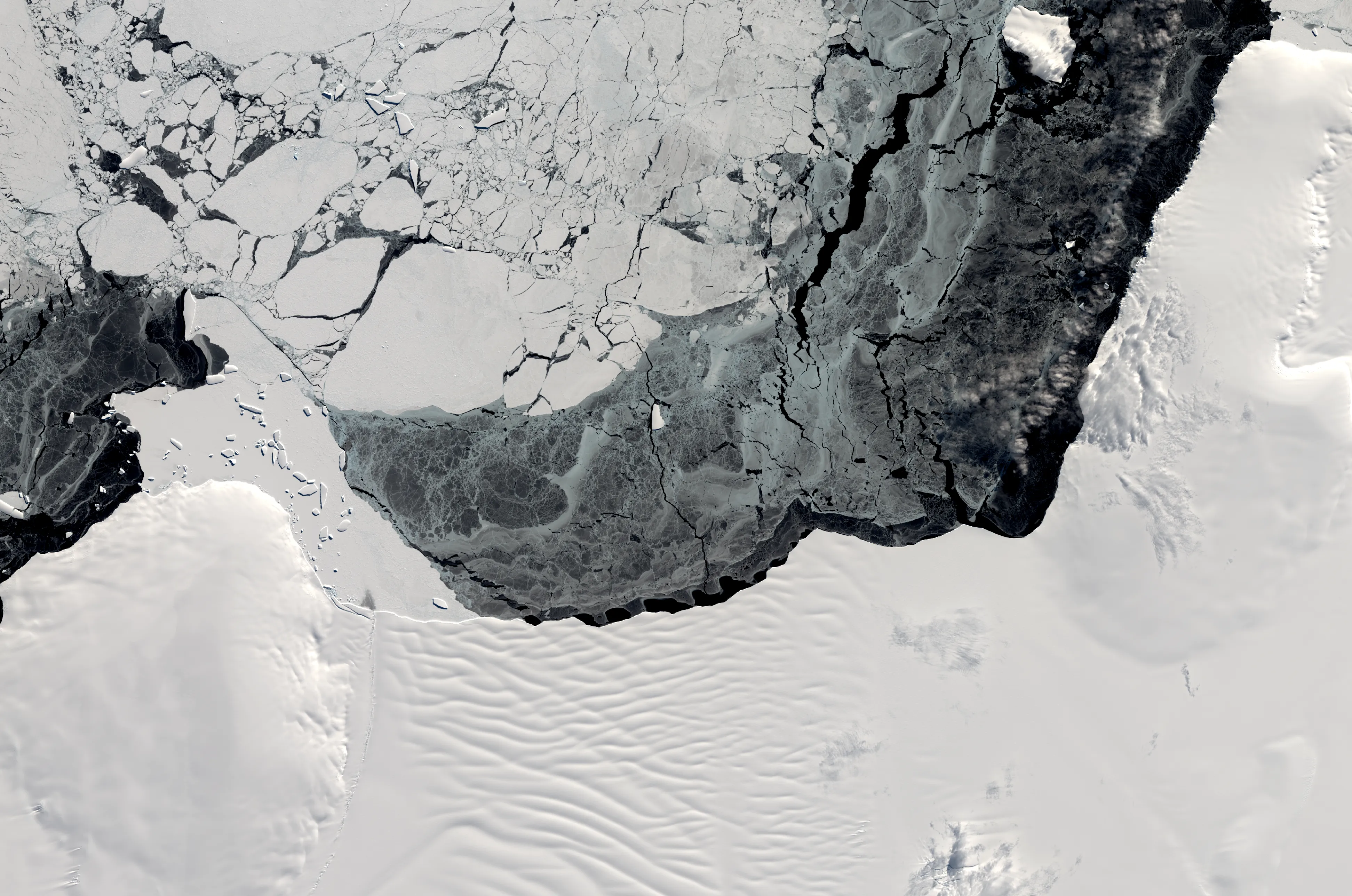 Satellite image showing Getz Ice Shelf of the Amundsen Sector, West Antarctica, and sea ice offshore. 
