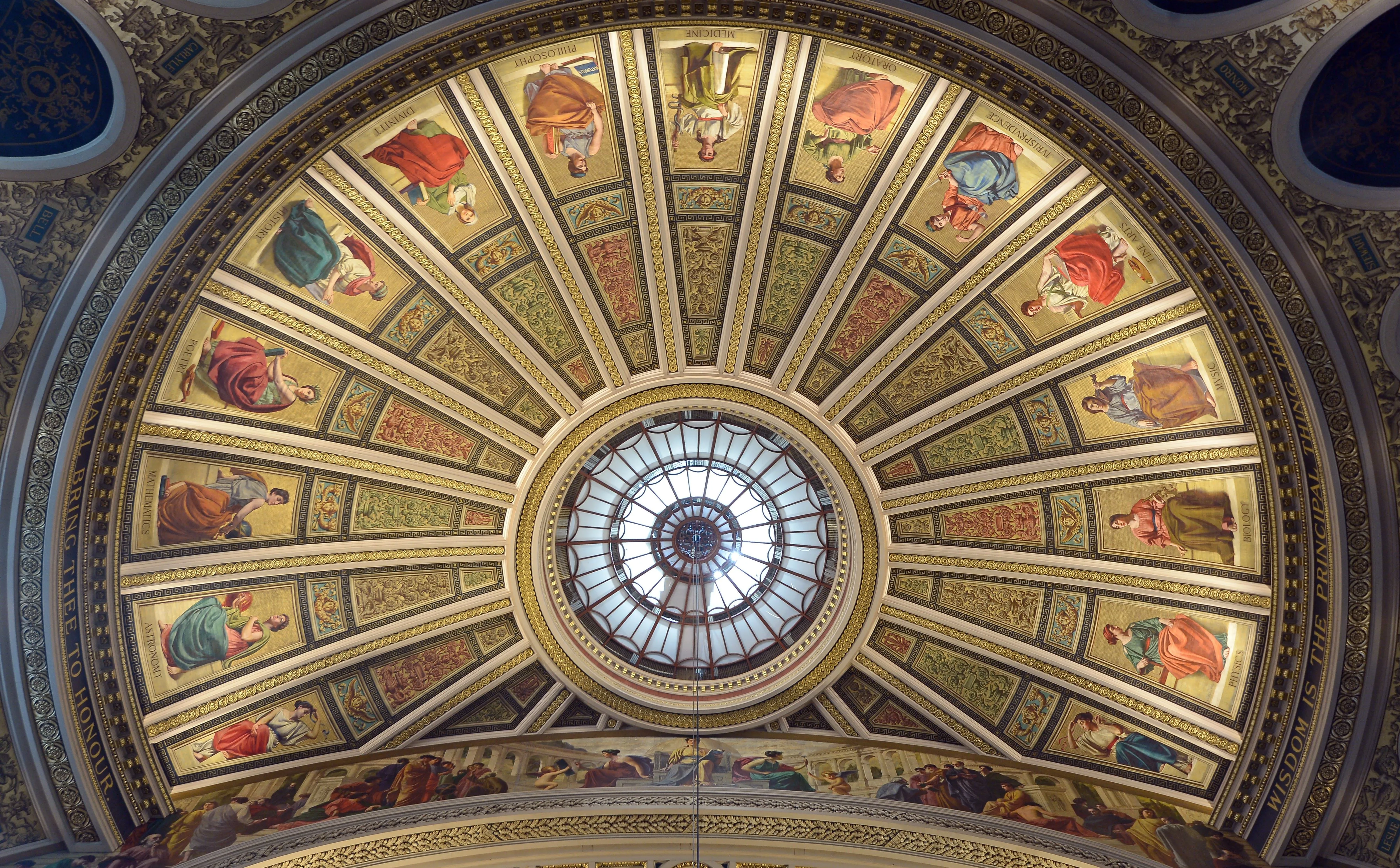 Detail of the colourful painted ceiling of McEwan Hall.