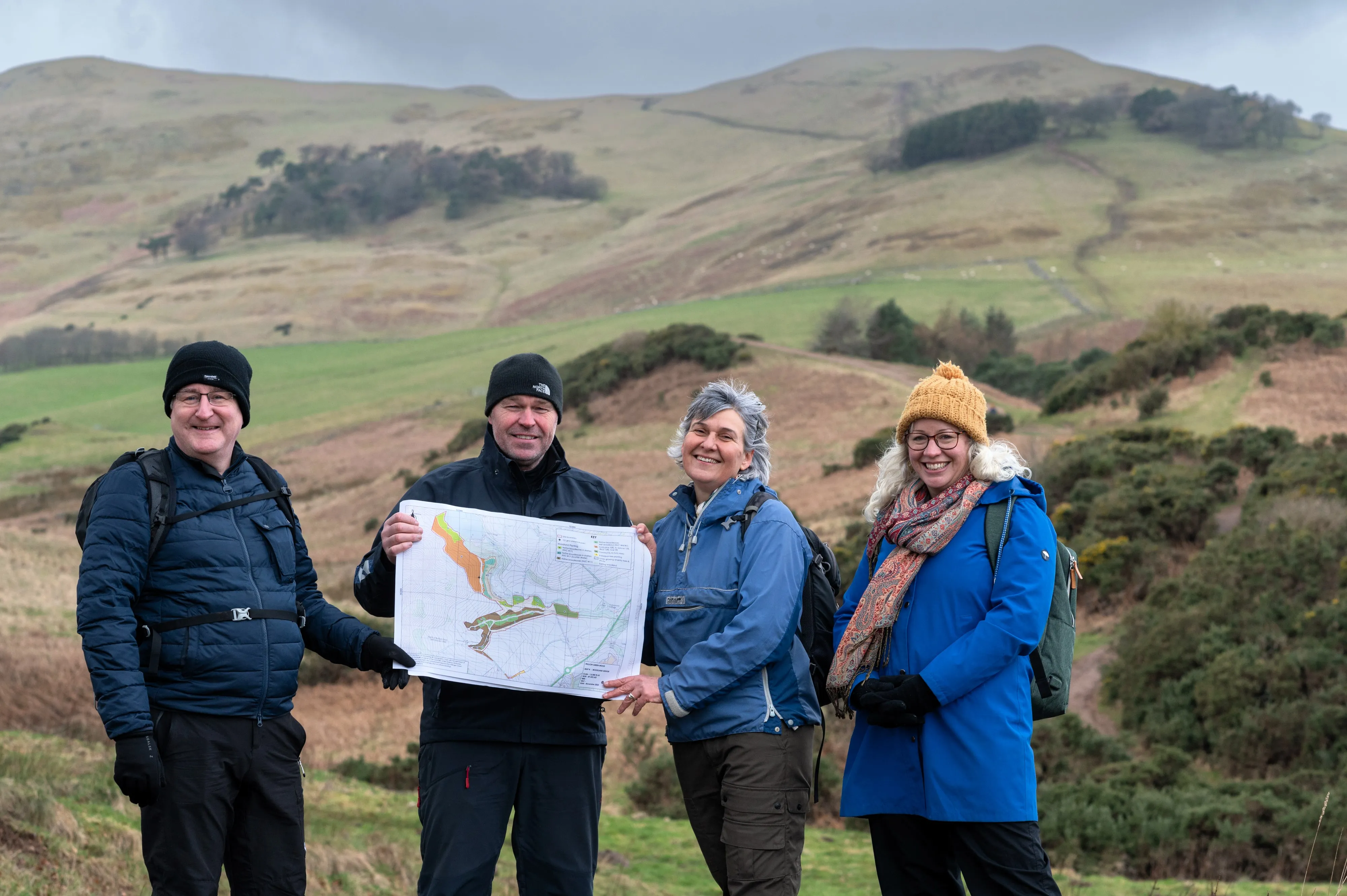 Photo of (L-R) Dave Gorman, Grant Ferguson, Yvonne Edwards and Annie Yang at Rullion Green in the Pentlands