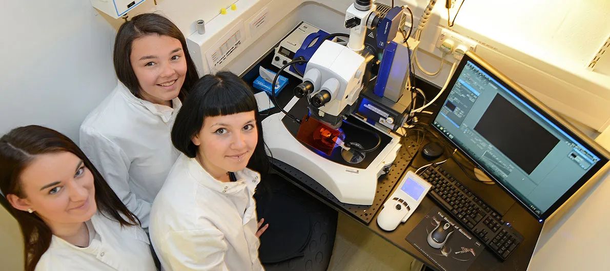 Three school students around a microscope