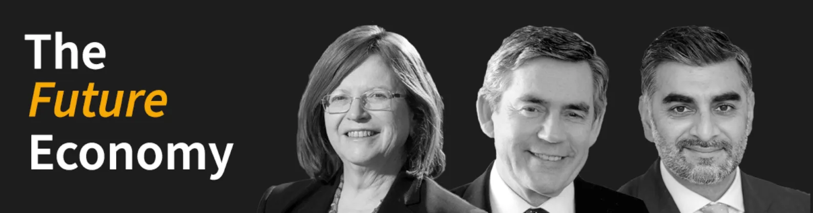 Composite image with the text 'The Future Economy' and black and white photos of Susan Rice, Gordon Brown and Omar Shaikh