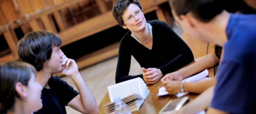 Student discussion group in Rainy Hall