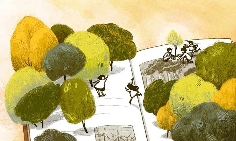 creative illustrations of trees and people on pages of an open book