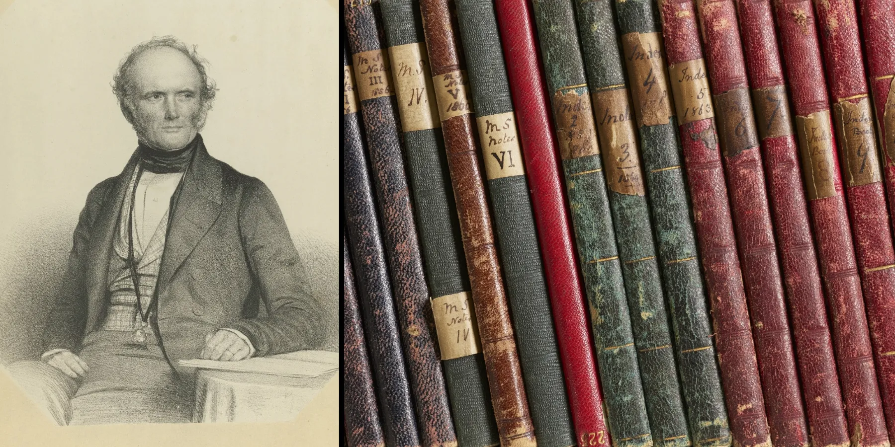 A portrait of Charles Lyell alongside an image of books and notebooks stacked on a shelf