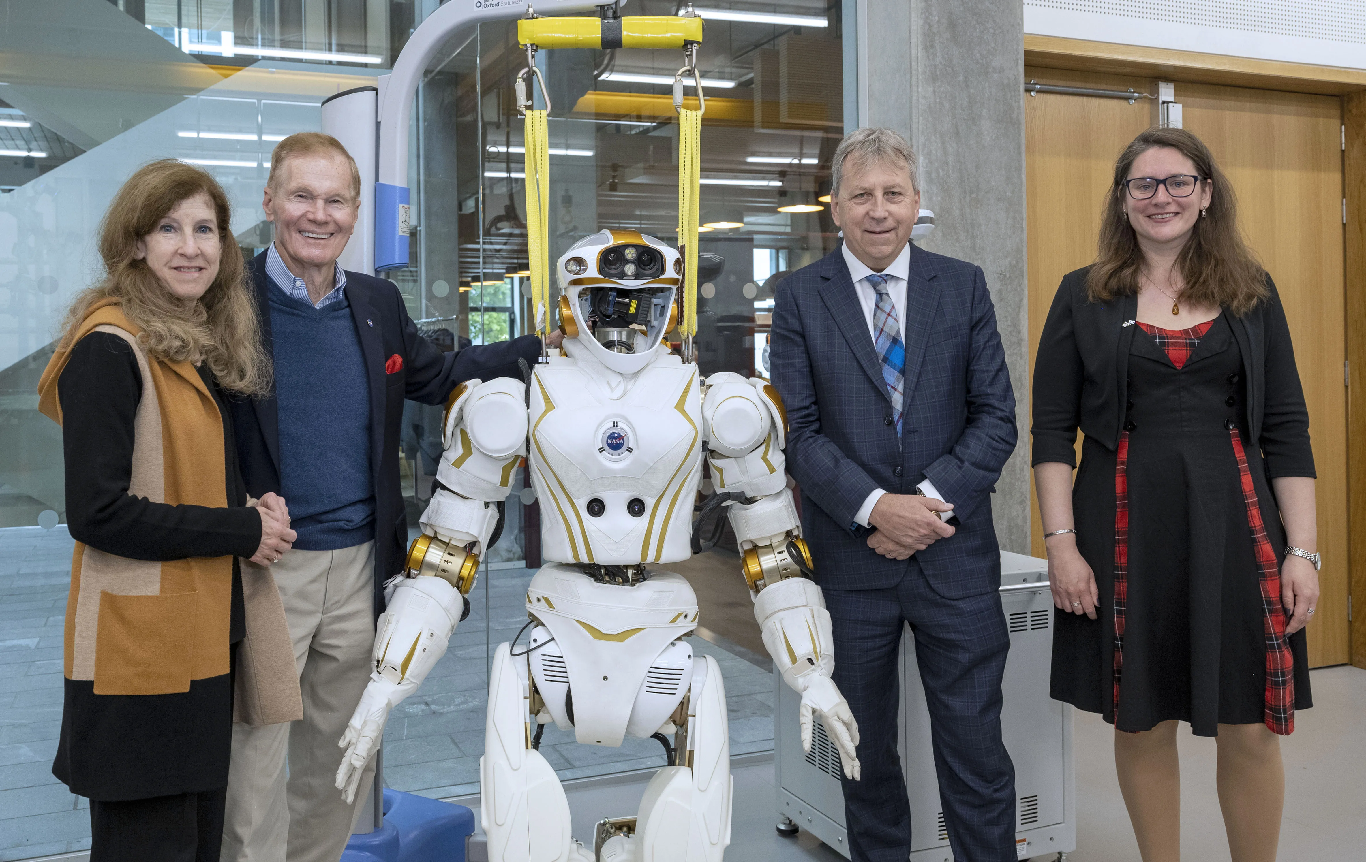 L-R: Karen Feldstein, NASA Administrator Bill Nelson, Valkyrie, Principal Peter Mathieson and Kristina Tamane