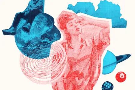 Blue and red mosaic image of classical women, planets, and a person sitting on a globe