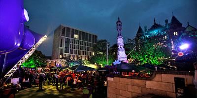 Bristo Square at night during the Festival