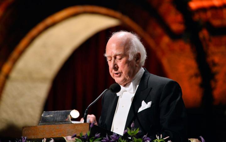 The 2013 Nobel Prize Laureate in Physics, Professor Peter Higgs, addresses the traditional Nobel gala banquet at the Stockholm City Hall.