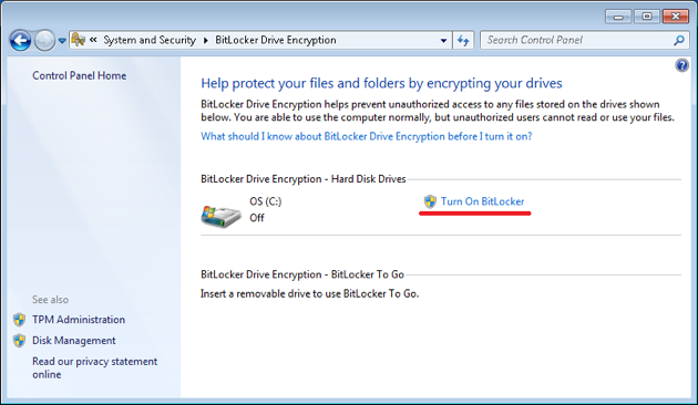 Bitlocker before encryption