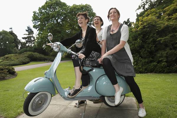 Daniela Nardini, Annie Griffin and Denise Mina on a scooter