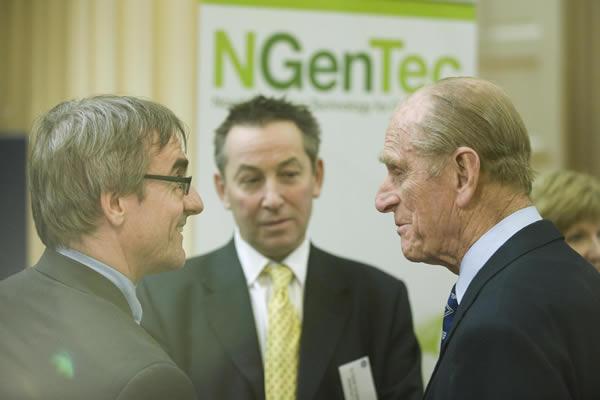 HRH The Prince Philip, Duke of Edinburgh and University Chancellor, with Derek Douglas and Markus Mueller of NGenTec 
