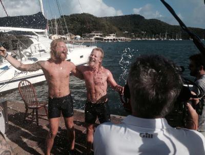 Luke Birch and Jamie Sparls celebrate their Atlantic row