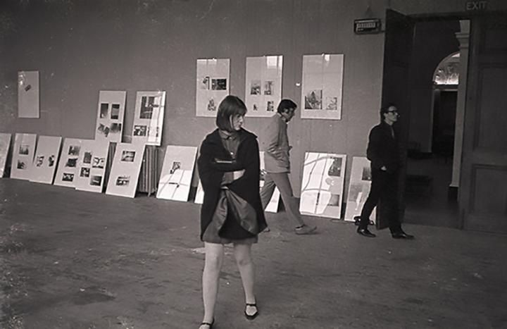 Exhibition visitors in ECA studio C.07 with Joseph Beuys's installation, Arena (August 1970). Photo