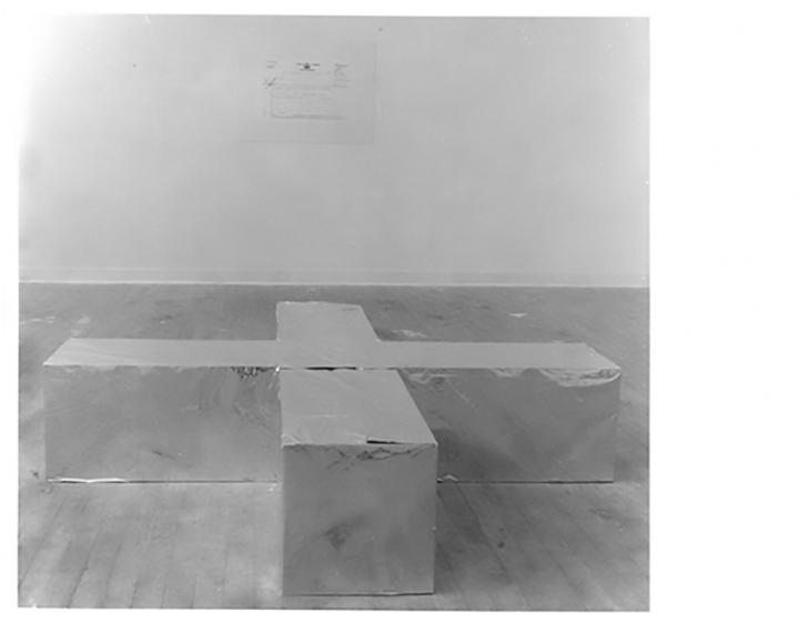 Heinz Mack’s aluminium foil cross sculpture and telegram ‘Make my Absence Positive’ (1970) in studio C.04. Photo