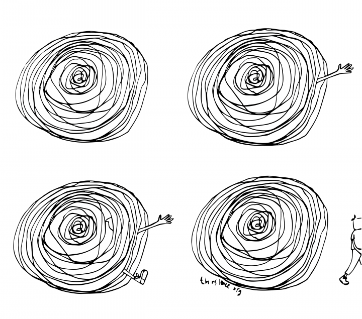 A black and white image of 4 circular swirling doodles. The second doodle has an arm reaching out from the swirl. The third has an arm and a leg reaching out of it. The fourth has a drawing of a person walking away from the swirl. 