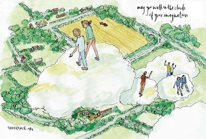 Doodle by Geoffrey Baines showing people walking on clouds overlooking a town, the roads around the town and trees and fields surrounding them. With the text: may you walk in the clouds of your imagination. 
