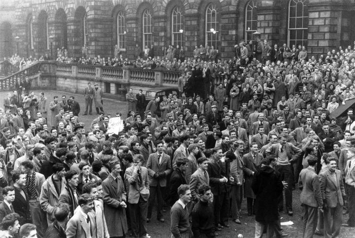 Students gather in Old College Quad during the Suez Crisis of 1956