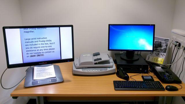 Accessible Study Room 3, Main Library, with Humanware Prodigi magnifier and reader, document feed scanner, trackpad, ergonomic k