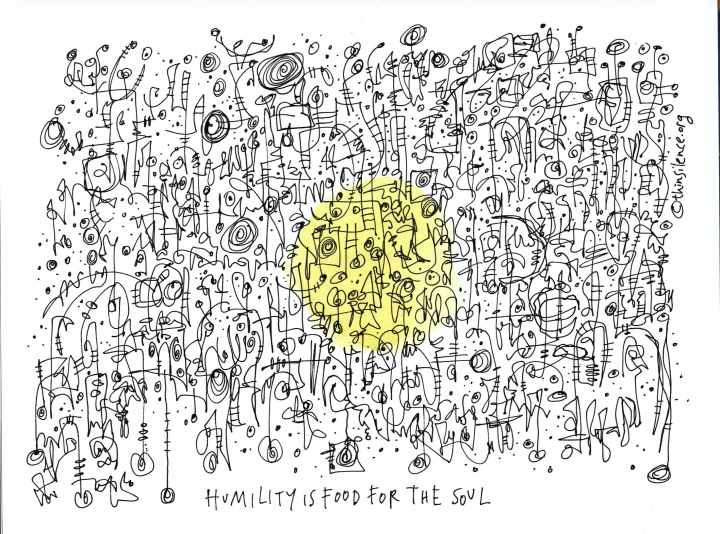 Black and white doodle with a yellow coloured circle in the centre of the image. Below the doodle is text that reads: Humility is food for the soul