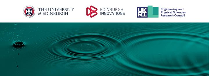 Image shows The University of Edinburgh logo next to the logo of Edinburgh Innovations and UKRI with a green image of a water droplet 
