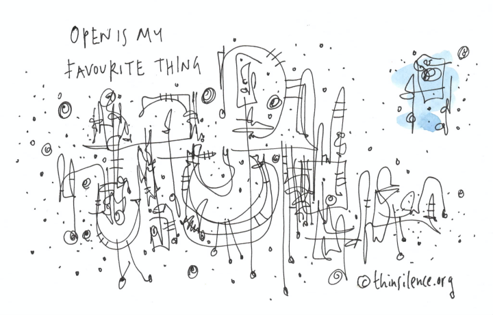Black and white doodle with text at the top of the image which reads: Open is my favourite thing