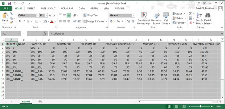 Assessment structure test downloaded to Excel image