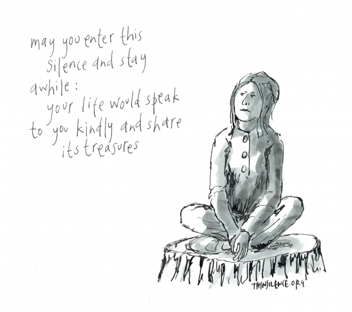 A black and white doodle of a person sitting on a tree stump with the text: may you enter this silence and stay awhile: your life would speak to you kindly and share it's treasures.