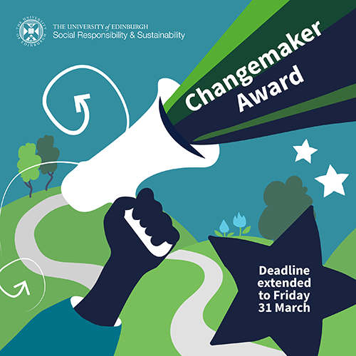 Hand holding up a megaphone. Changemaker Award - Make a nomination by 24 March.