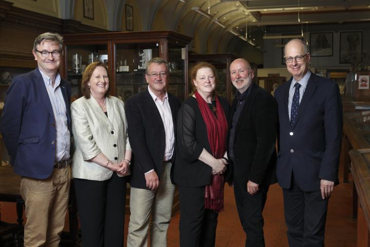 Pictured in the Anatomy Museum after recording the Bodies programme for Enlightenment After Dark are (from left to right) BBC series producer David Stenhouse, Professor Susan Deacon, broadcaster and alumnus Allan Little, anatomist Professor Dame Sue Black, painter Ken Currie, and University Vice-Principal Professor Jonathan Seckl.