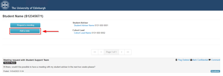 Screenshot of student meeting/note page highlighting 'Add a note' button. 