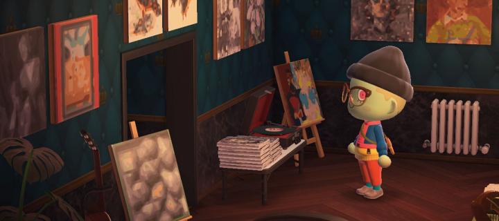 Animal Crossing avatar viewing a variety of University artworks.