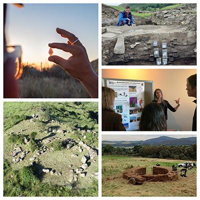 A students holds an arrow head discoverd in Sardinia, Dr Ben Russell samples a turf rampart at Vindolanda Roman fort, Dr Joanne Rowland explains her research at a public event, building a turf wall, a stone circle in Sardinia