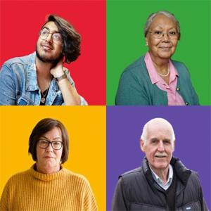four people on coloured backgrounds