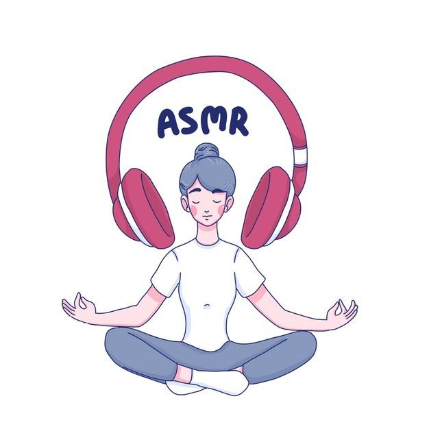 Drawing of a woman sitting crossed legged. Above her head is a large pair of pink headphones with the text "ASMR". 