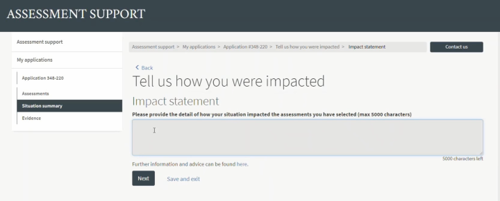 Assessment support impact statement