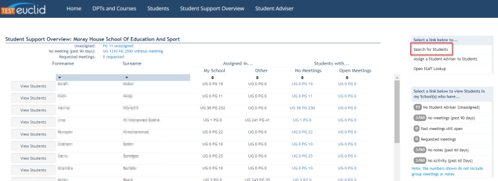 Screenshot showing Student Support Overview screen highlighting Search for Students button. 