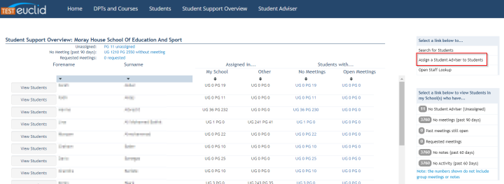 Screenshot of Student Support Overview screen highlighting Assign a Student Adviser to a Student button. 