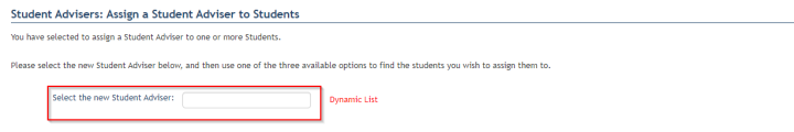 Screenshot of Assign a Student Adviser to a Student screen highlighting Select the new Student Adviser button. 