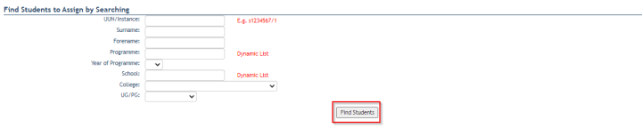 Screenshot of Assign a Student Adviser to a Student screen highlighting the Student search and Find Students button. 