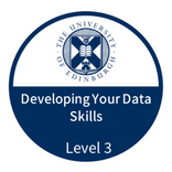 Image of an example University digital badge for Developing Data Skills Level 3, circle half navy blue, half white, UoE logo