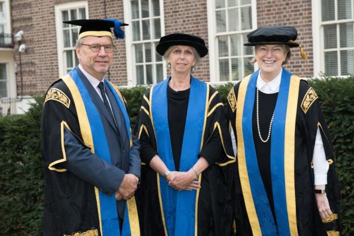 Professor Eleanor Riley with Professor Peter Piot, LSHTM Director, and Dame Marjorie Scardino, Chair of Council LSHTM.