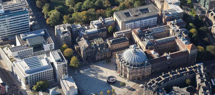 Bristo Square and McEwan Hall viewed from the air
