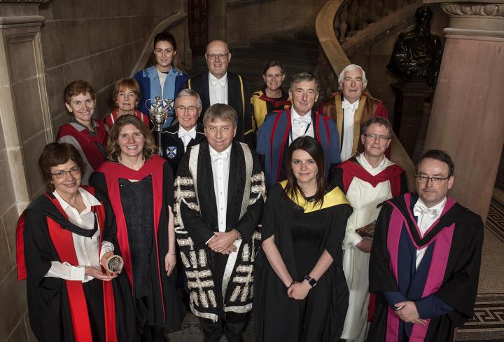 Professor Helen Sang, Dr Vicky MacRae and Catherine Eastwood with the Principal and others.