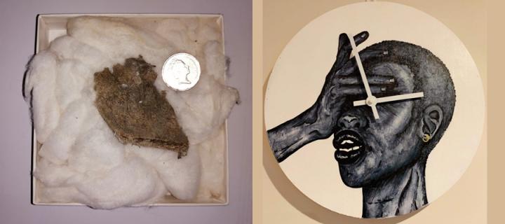 A piece of woolly mammoth in a padded box and a clock with a painting of a person holding their palm to their face.