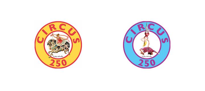 Two versions of the Circus250 logo showing an acrobat and a horse.