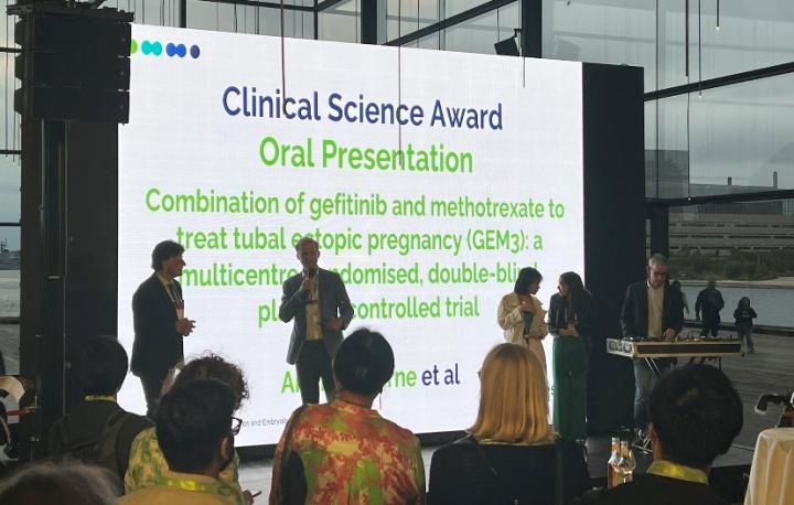 Picture of Andrew Horne collecting the Clinical Science Award at ESHRE 2023 
