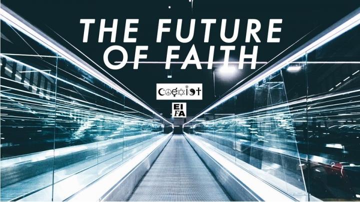 Coexistence Initiative - The Future of Faith event image. The image is a black and white image of an escalator leading to the text: The Future of Faith