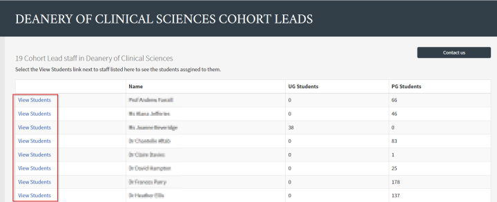 Screenshot of screen listing cohort leads in a specific school with view student buttons highlighted.